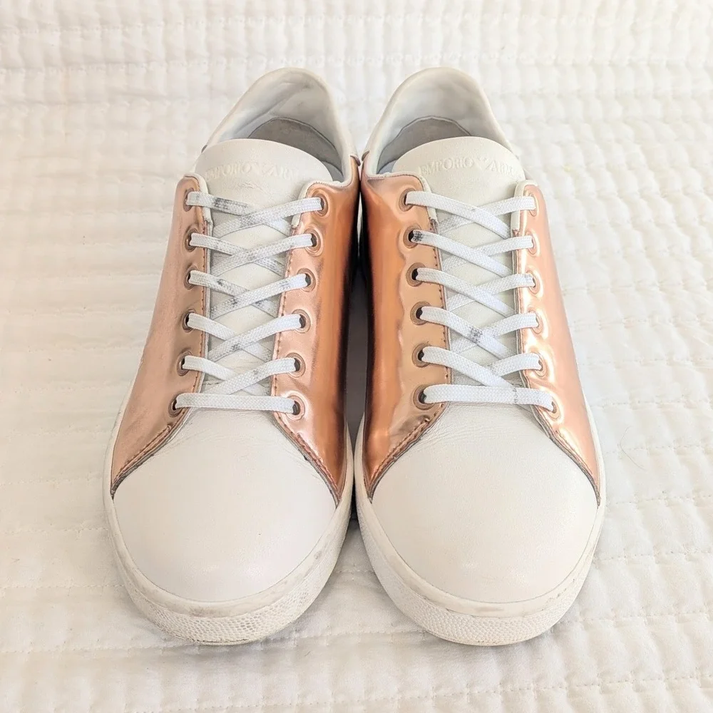 Emporio Armani Logo Print Lace Up Leather Casual Sneakers‎ Rose Gold White US 6